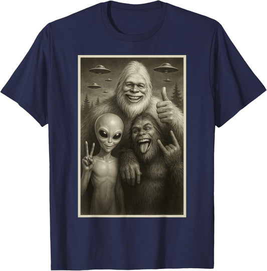 Funny Bigfoot, Alien, & Yeti Sasquatch Rock On UFO Handsign T-Shirt - T-Shirt | Navy