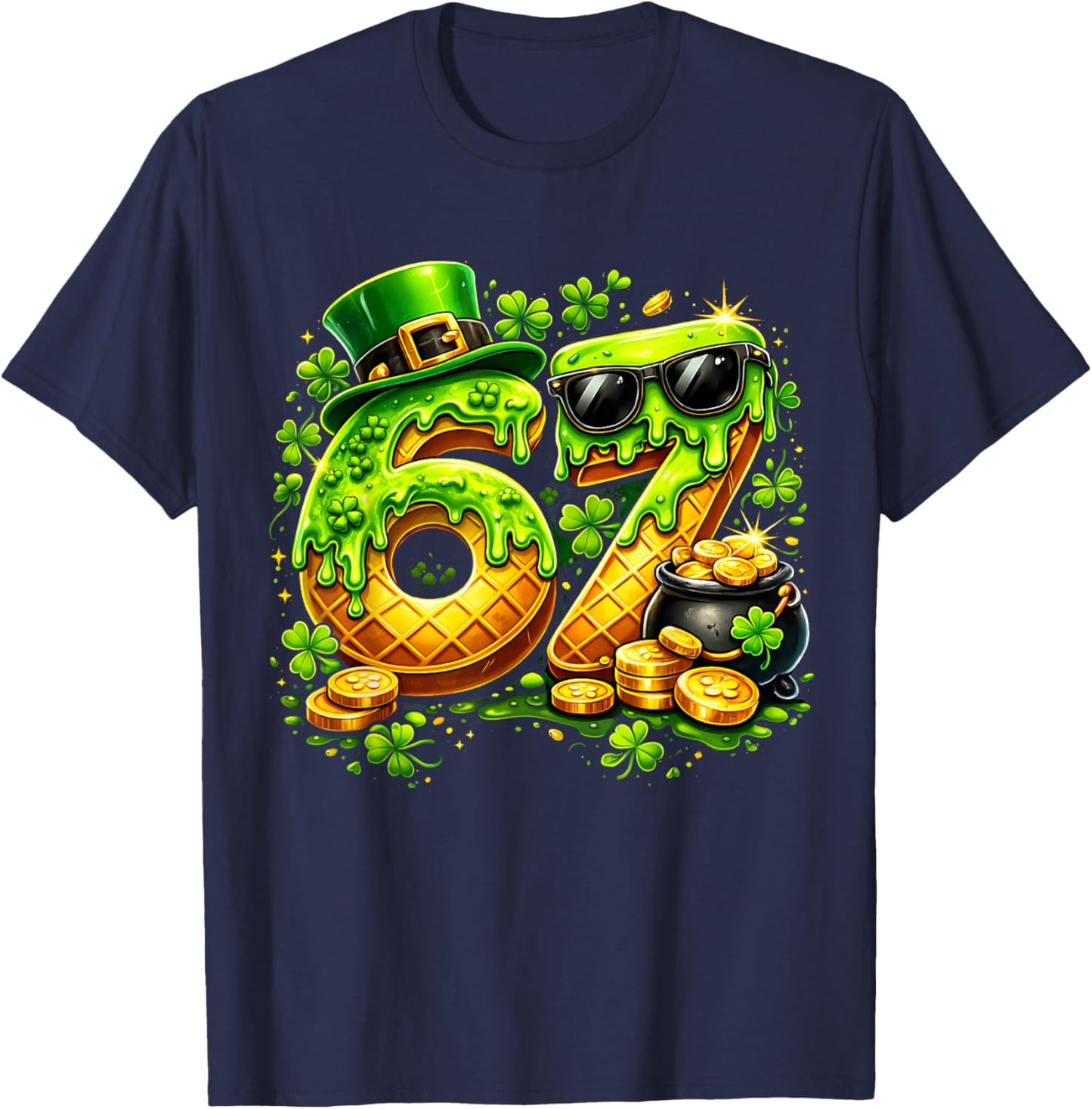 Six Seven Meme 67 St Patricks Day Shamrock Men Women Kids T-Shirt - T-Shirt | Navy