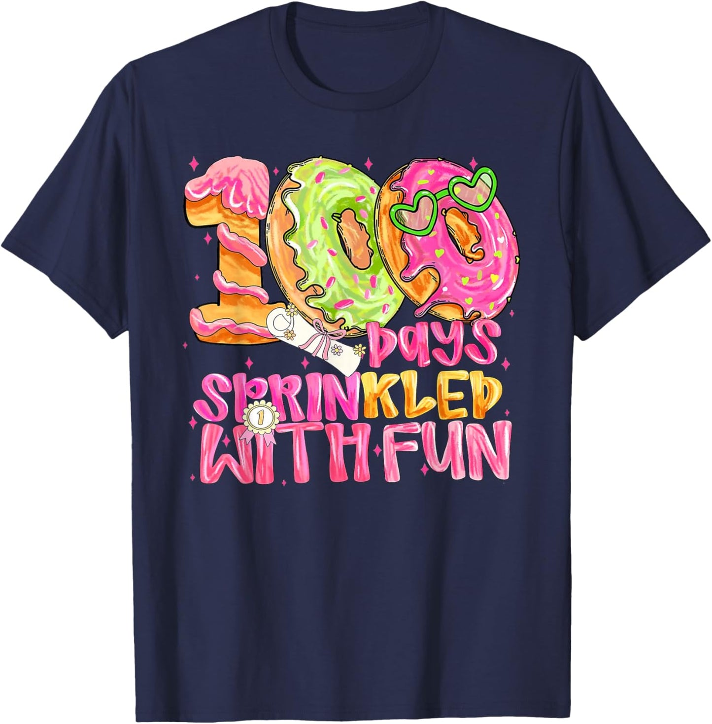 100th Day of School Girl 100 Days Prinkled with Fun Donut T-Shirt - T-Shirt | Navy