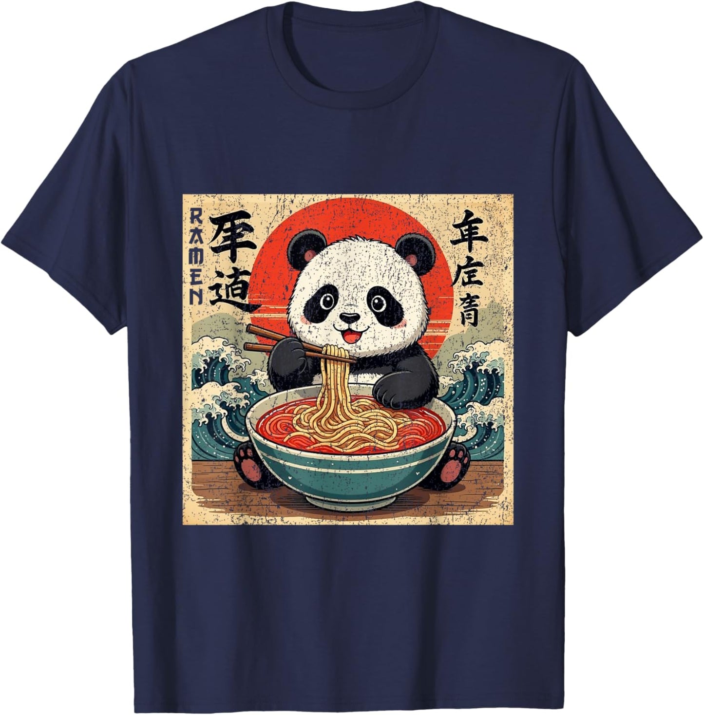 Kawaii Anime Panda Ramen Kids Funny Japanese Kanagawa Wave T-Shirt - T-Shirt | Navy