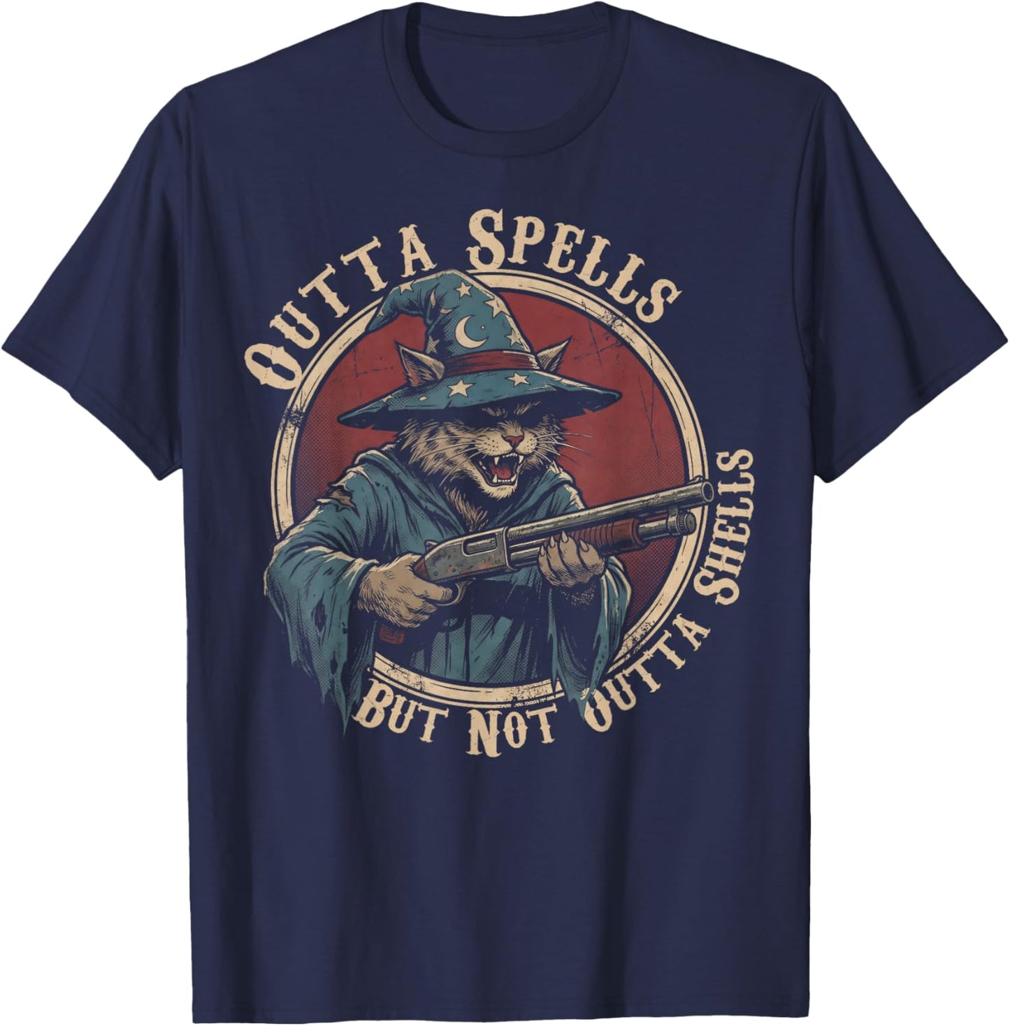 Wizard Cat Outta Spells But Not Outta Shells Gun Owner T-Shirt - T-Shirt | Navy