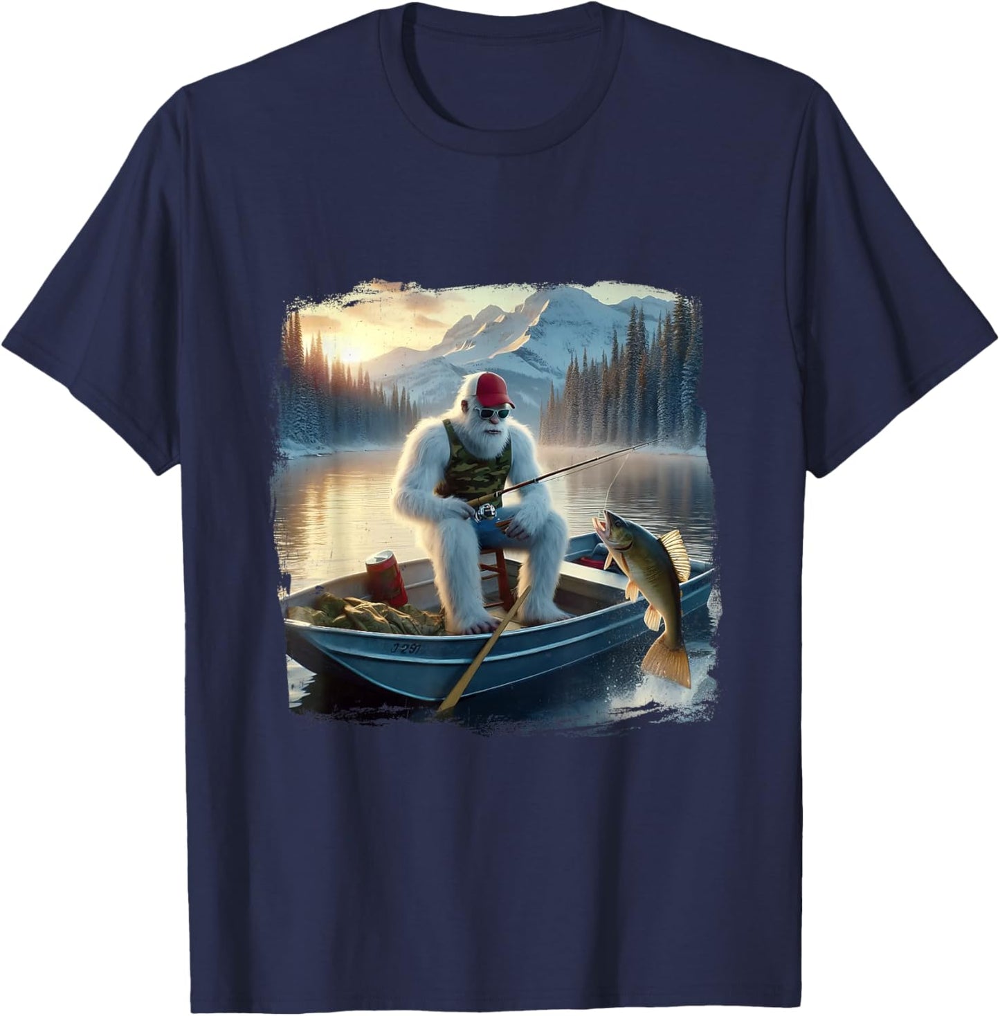 Fishing Merry Fishmas Funny Fish Santa Bigfoot Winter T-Shirt - T-Shirt | Navy