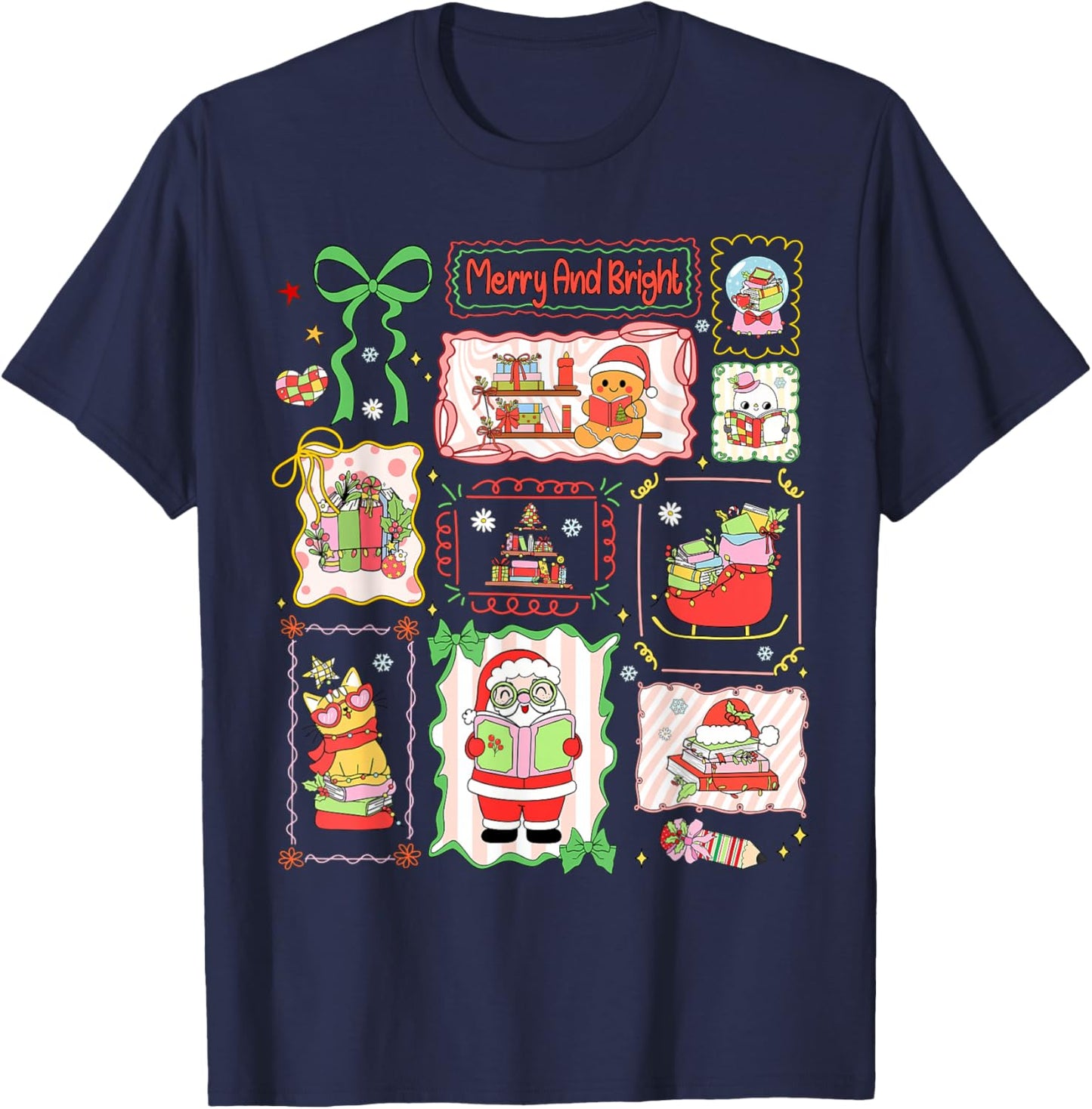 Merry and Bright Christmas Gingerbread Santa Book Teacher T-Shirt - T-Shirt | Navy