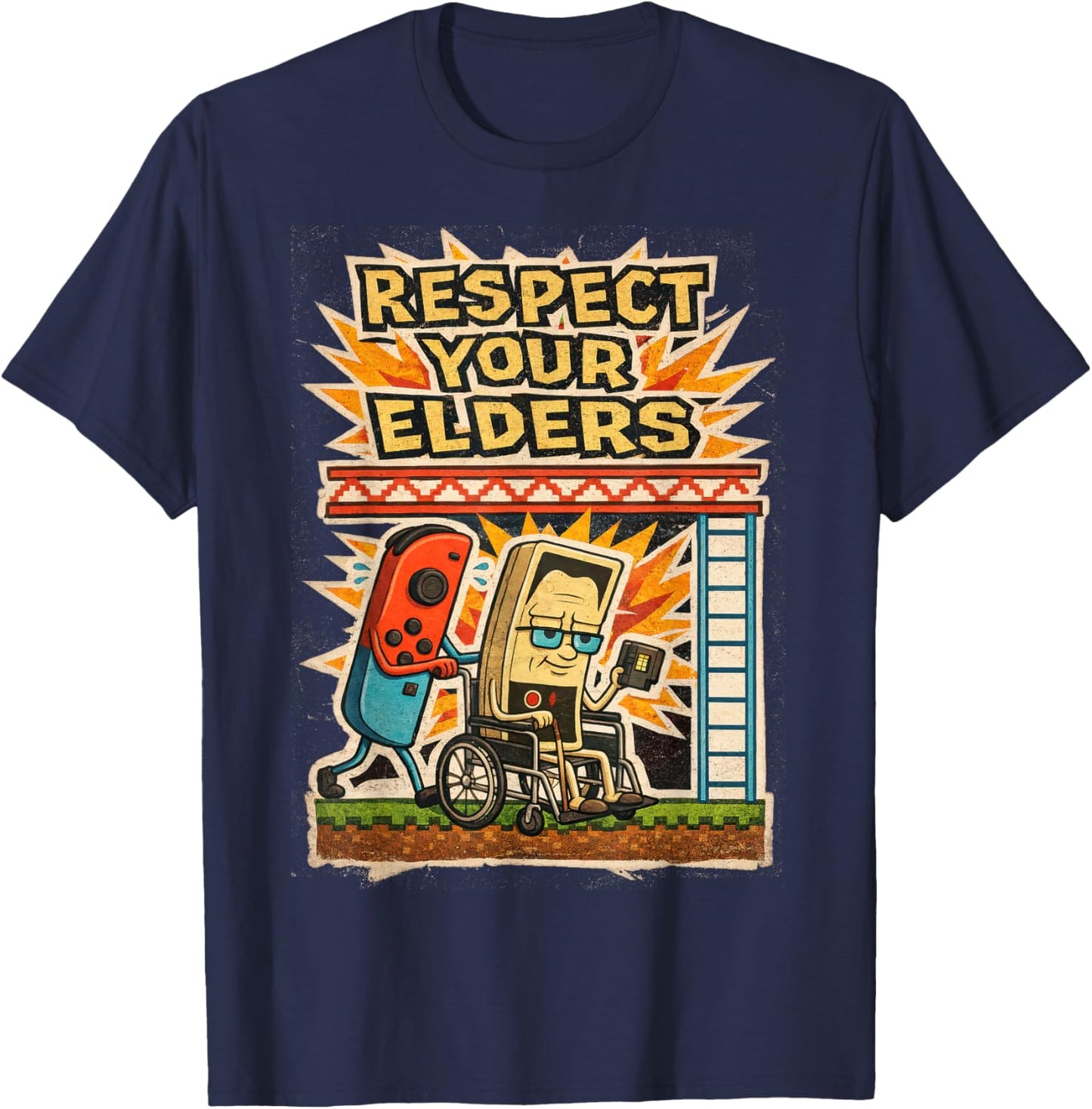 Respect Your Elders Funny Gamer Controller 80s Retro Poster T-Shirt - T-Shirt | Navy