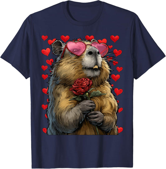 Cute Capybara with Heart Glasses Rose Valentine's Day Animal T-Shirt - T-Shirt | Navy