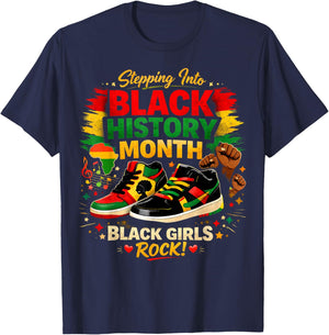 Stepping Into Black History Month Black Girls Sneakers T-Shirt - T-Shirt | Navy
