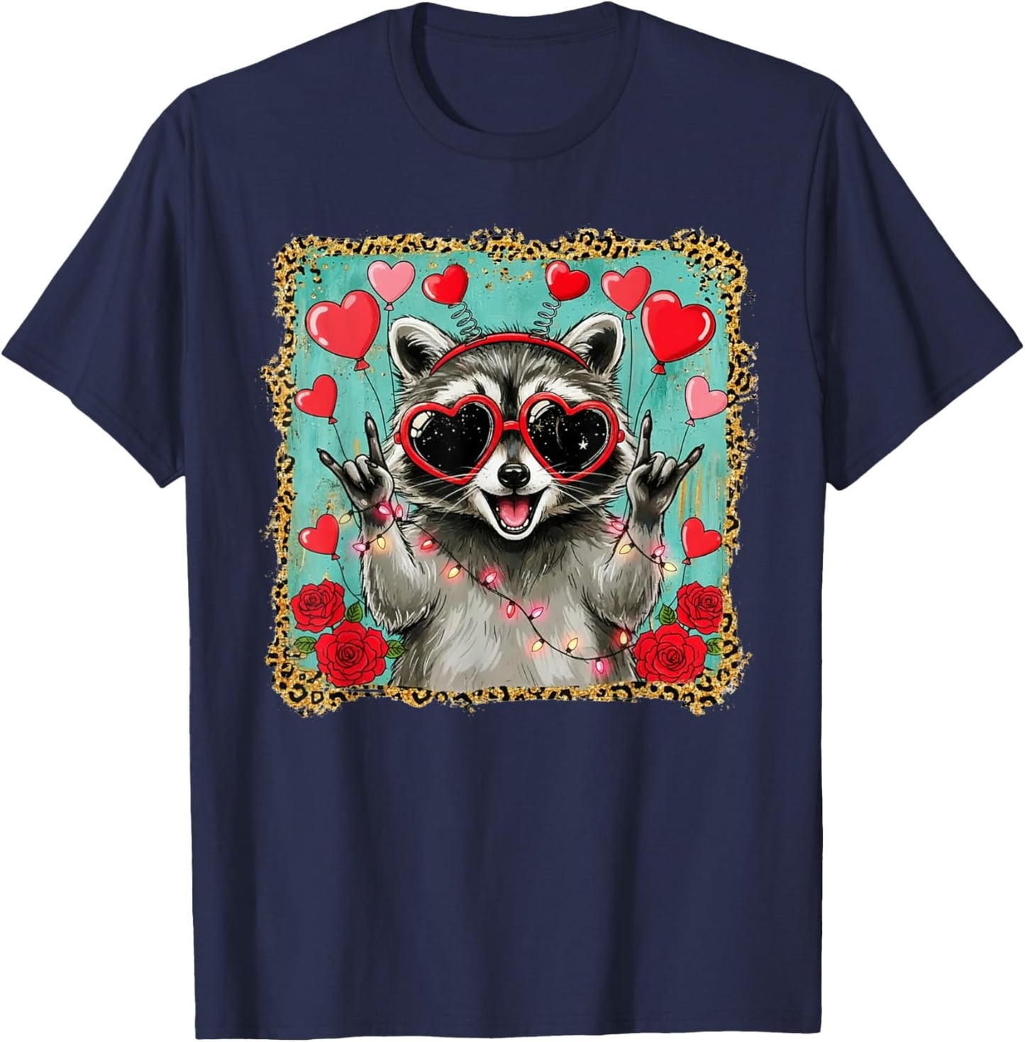 Rock On Hand Sign Racoon Meme Funny Valentines T-Shirt - T-Shirt | Navy