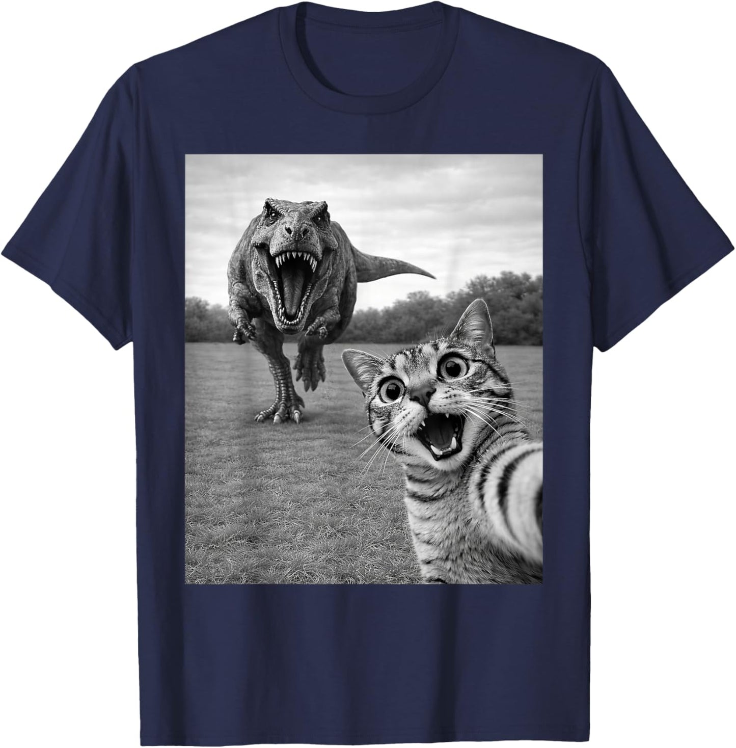 Cat Selfie with T-Rex Dinosaur Men Women Kids T-Shirt - T-Shirt | Navy
