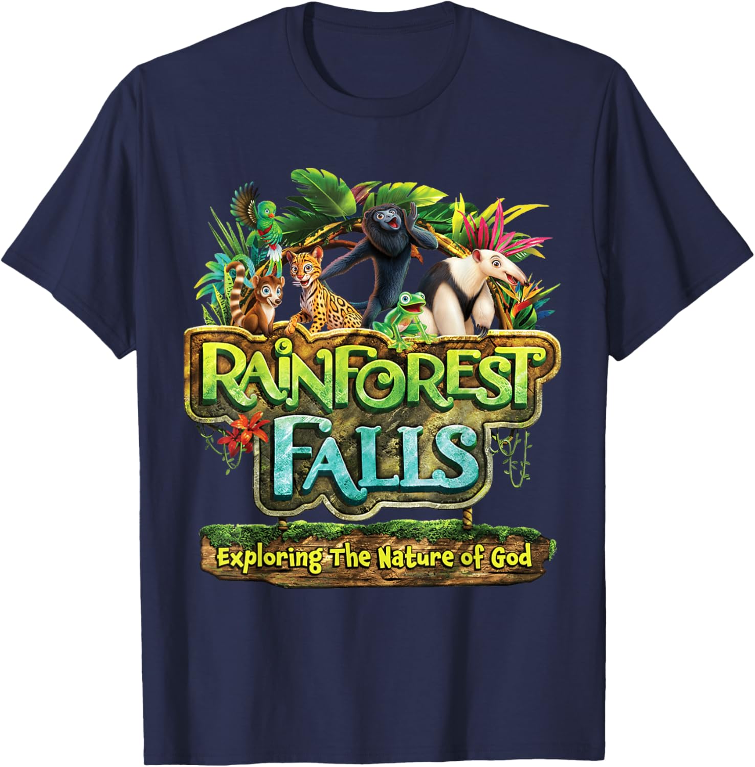 Rainforest Falls VBS 2026 Exploring The Nature of God Kids T-Shirt - T-Shirt | Navy