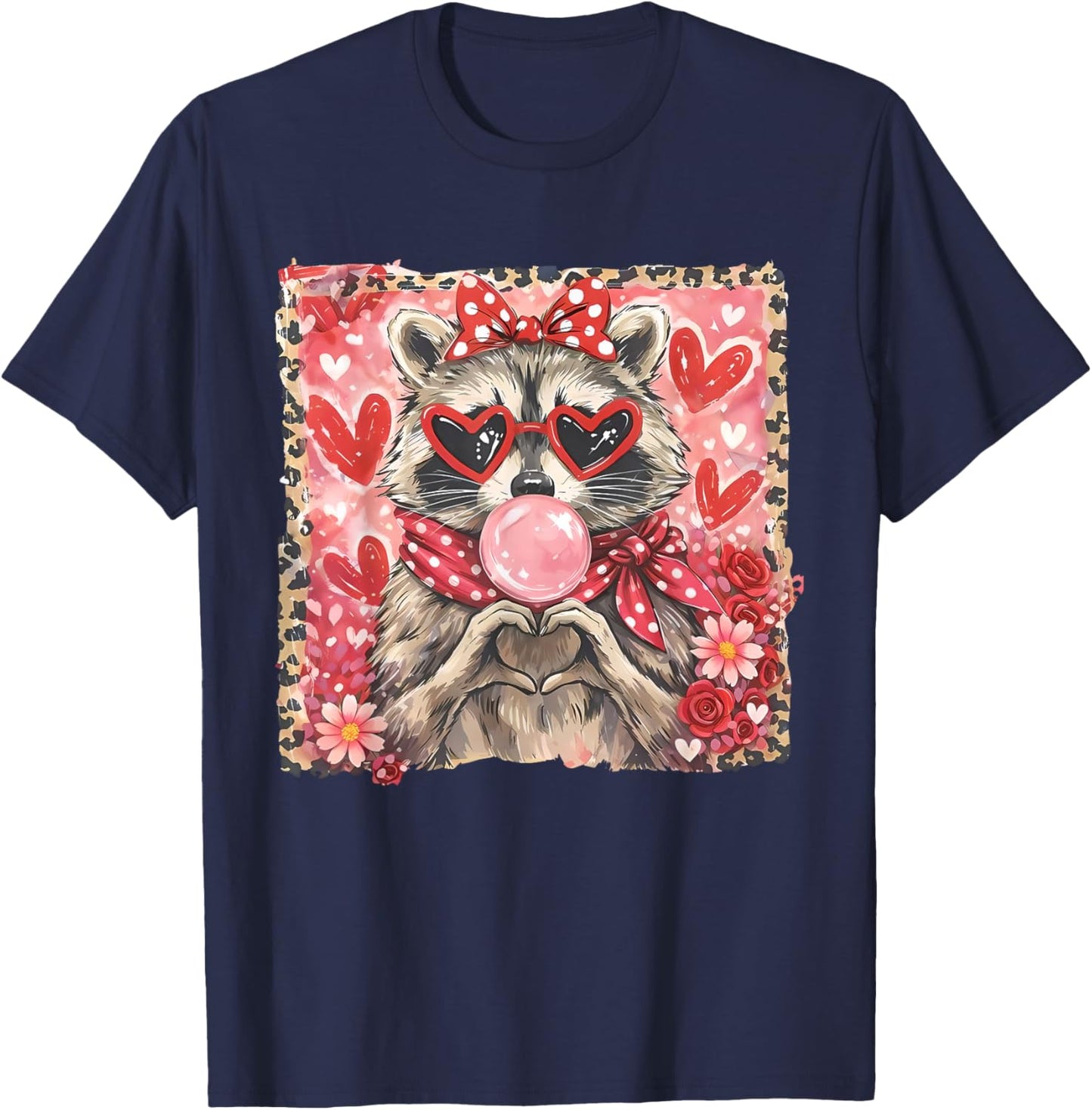 Vintage Leopard Girls Valentine Raccoon Lover Heart XOXO T-Shirt - T-Shirt | Navy