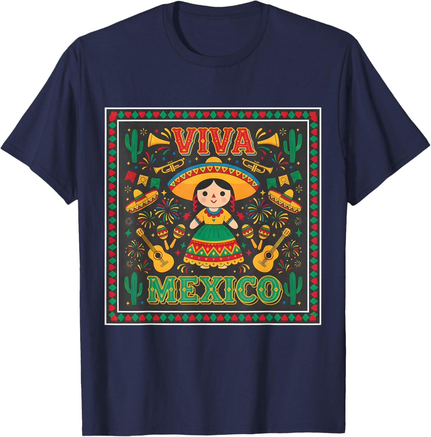 Fiesta Doll Sombrero Maracas Guitar Mexican Celebration Part T-Shirt - T-Shirt | Navy