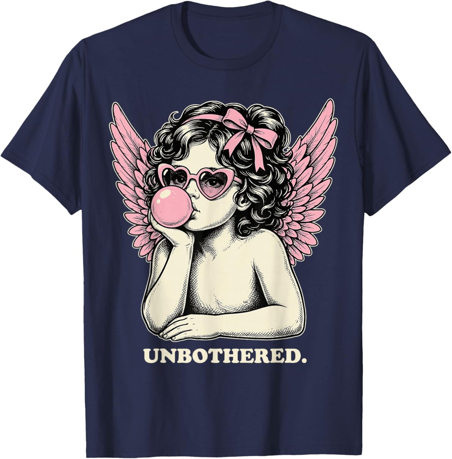 Cute Vintage Cupid Blowing Bubble Gum Unbothered T-Shirt - T-Shirt | Navy