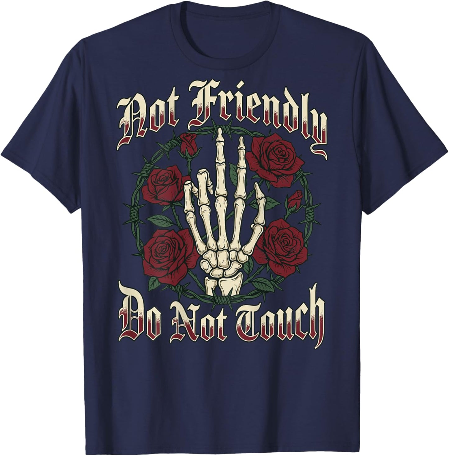 Not Friendly Do Not Touch Skeleton Middle Finger Edgy Design T-Shirt - T-Shirt | Navy
