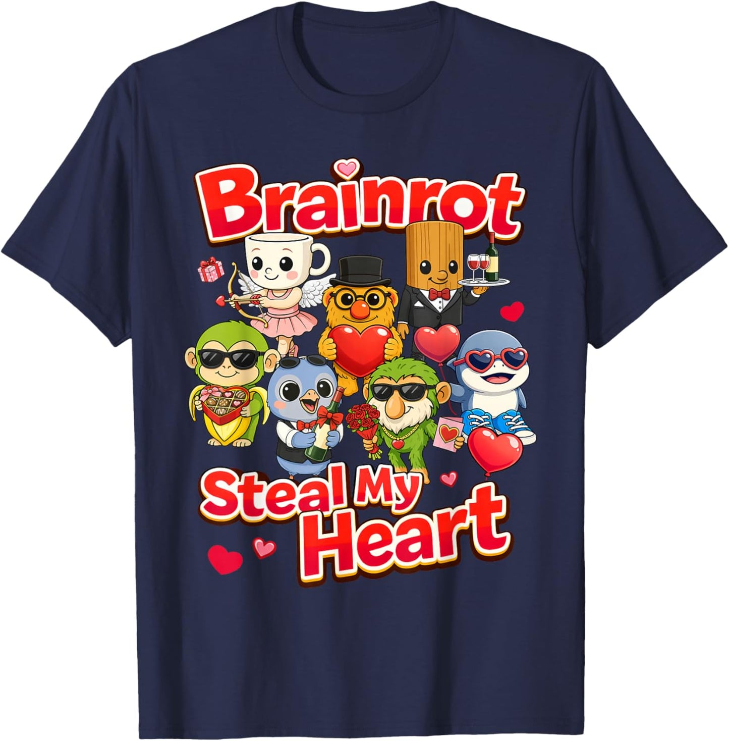 Brainrot Steal My Heart Valentine Kids AI Generated Cute T-Shirt - T-Shirt | Navy