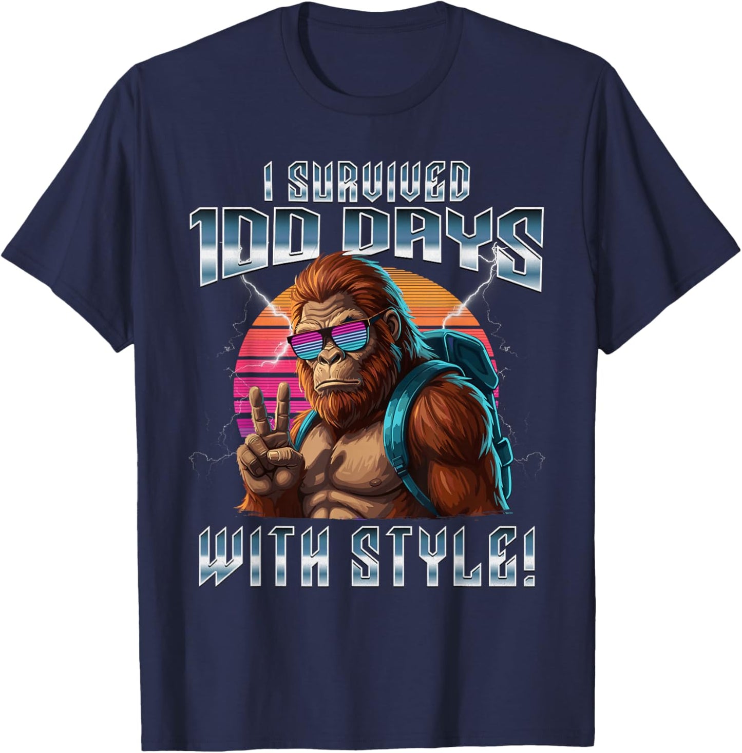 Retro I Survived 100 Days of School Bigfoot Kids Teacher T-Shirt - T-Shirt | Navy