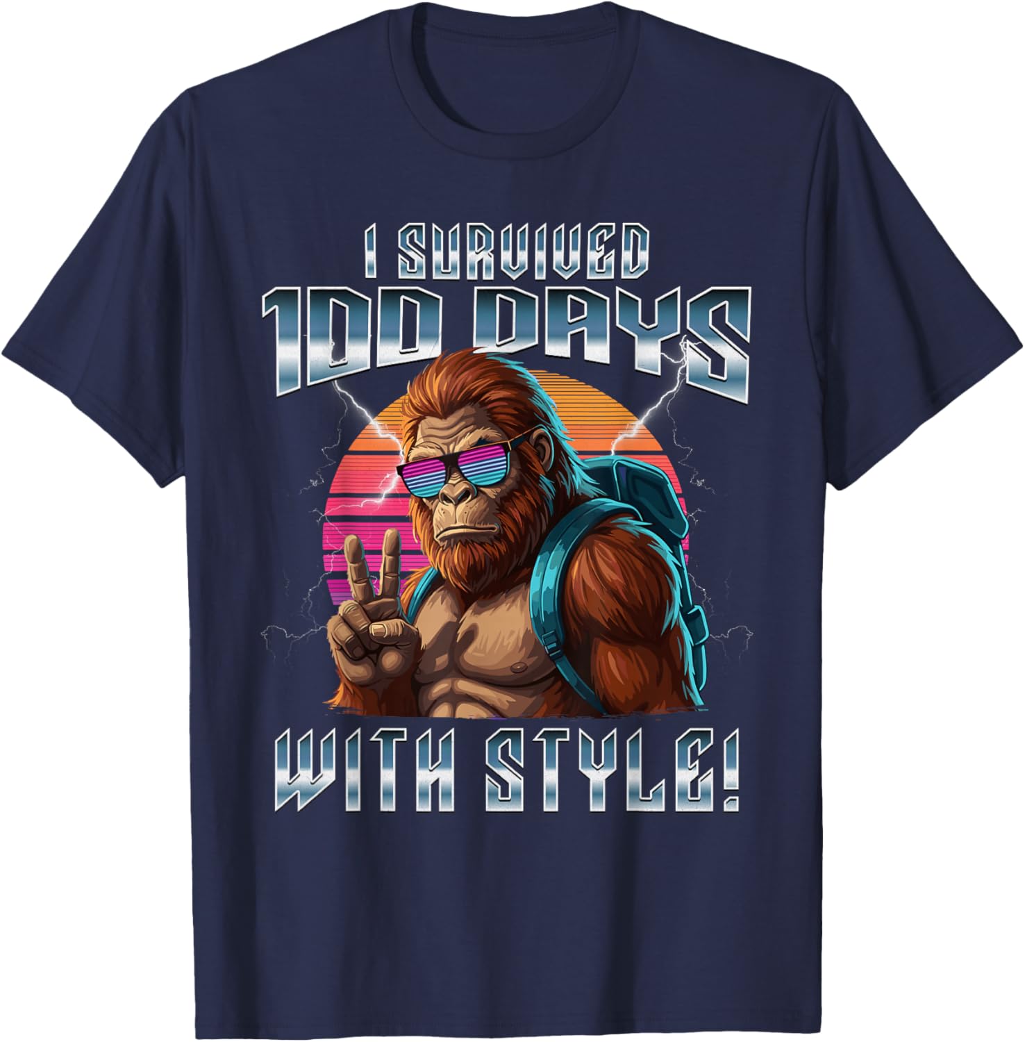 Retro I Survived 100 Days of School Bigfoot Kids Teacher T-Shirt - T-Shirt | Navy