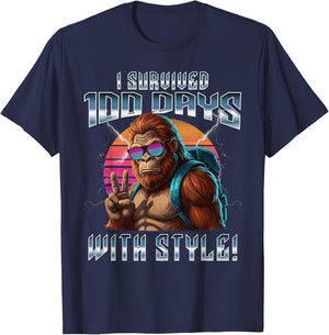 Retro I Survived 100 Days of School Bigfoot Kids Teacher T-Shirt - T-Shirt | Navy
