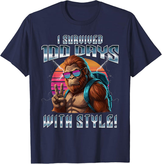 Retro I Survived 100 Days of School Bigfoot Kids Teacher T-Shirt - T-Shirt | Navy