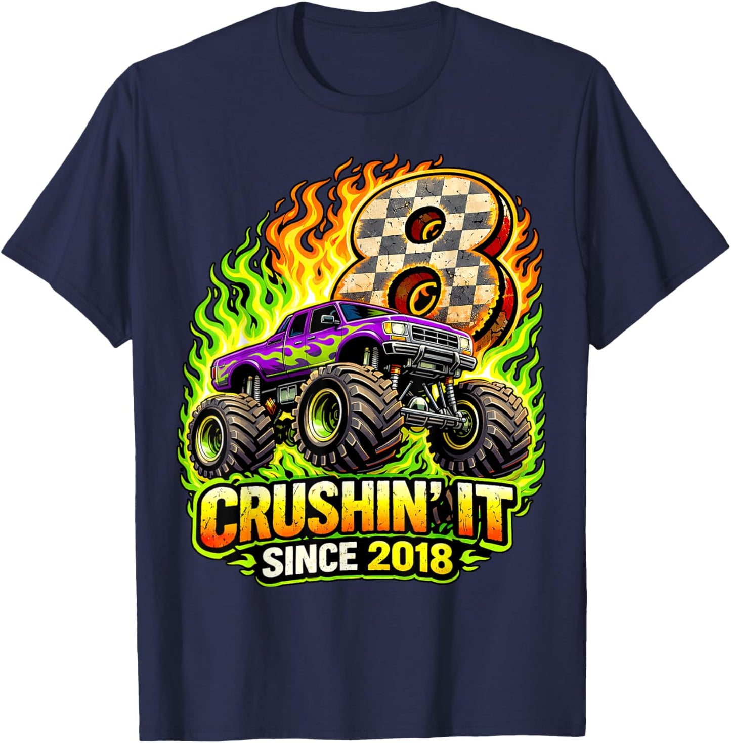 Birthday Monster Truck 8 Year Old Boys 8th Party Born 2018 T-Shirt - T-Shirt | Navy