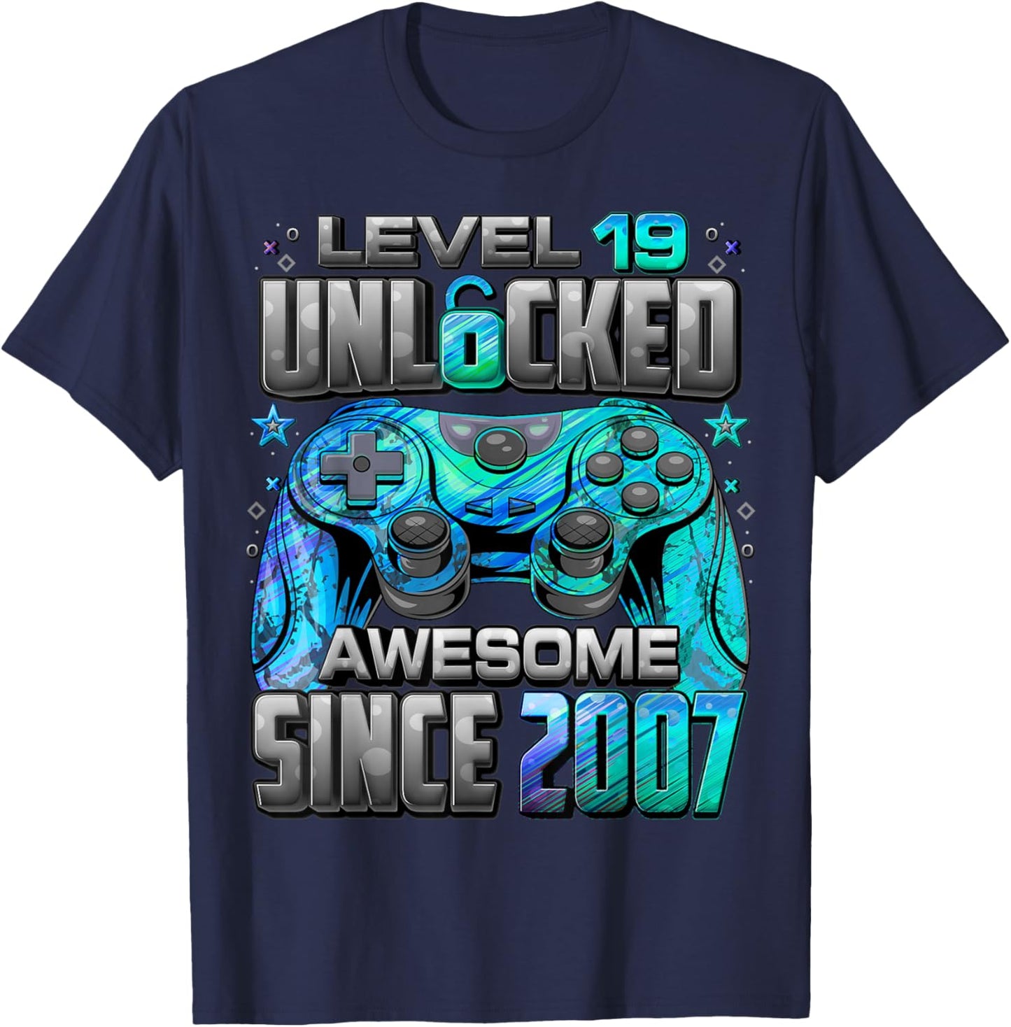 Level 19 Unlocked Awesome Since 2007 19th Birthday Gaming T-Shirt - T-Shirt | Navy
