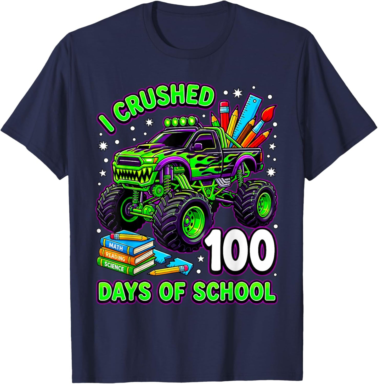I Crushed 100 Days of School Monster Truck Boys 100th Day T-Shirt - T-Shirt | Navy
