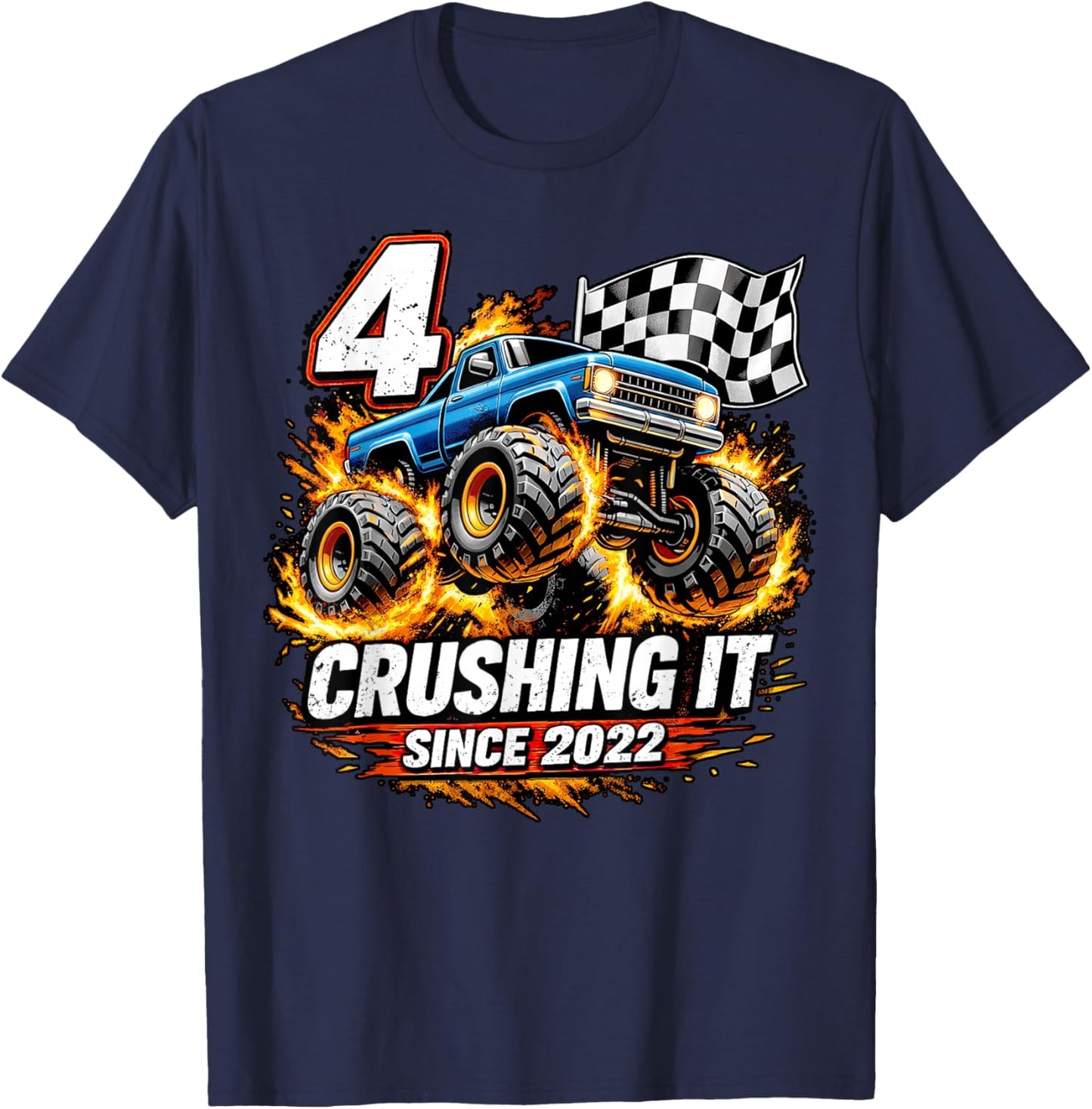 Birthday Monster Truck 4 Year Old Boys 4th Party Born 2022 T-Shirt - T-Shirt | Navy