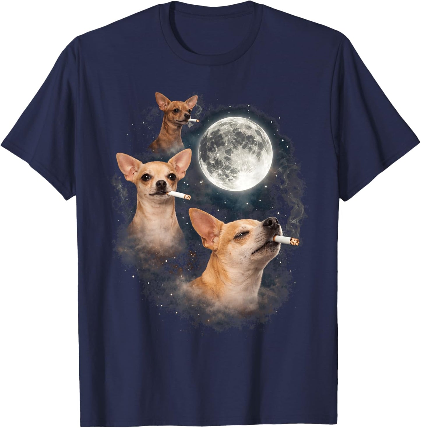 Chihuahua Smoking Moon 3 Dog Meme Funny Wolves Howling T-Shirt - T-Shirt | Navy