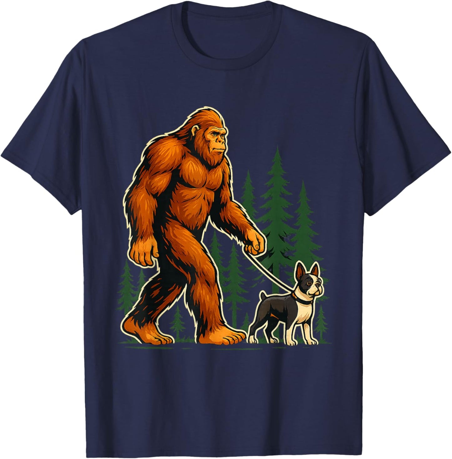 Funny Boston Terrier Bigfoot Dog Walking Dog Mom Dad Kids T-Shirt - T-Shirt | Navy