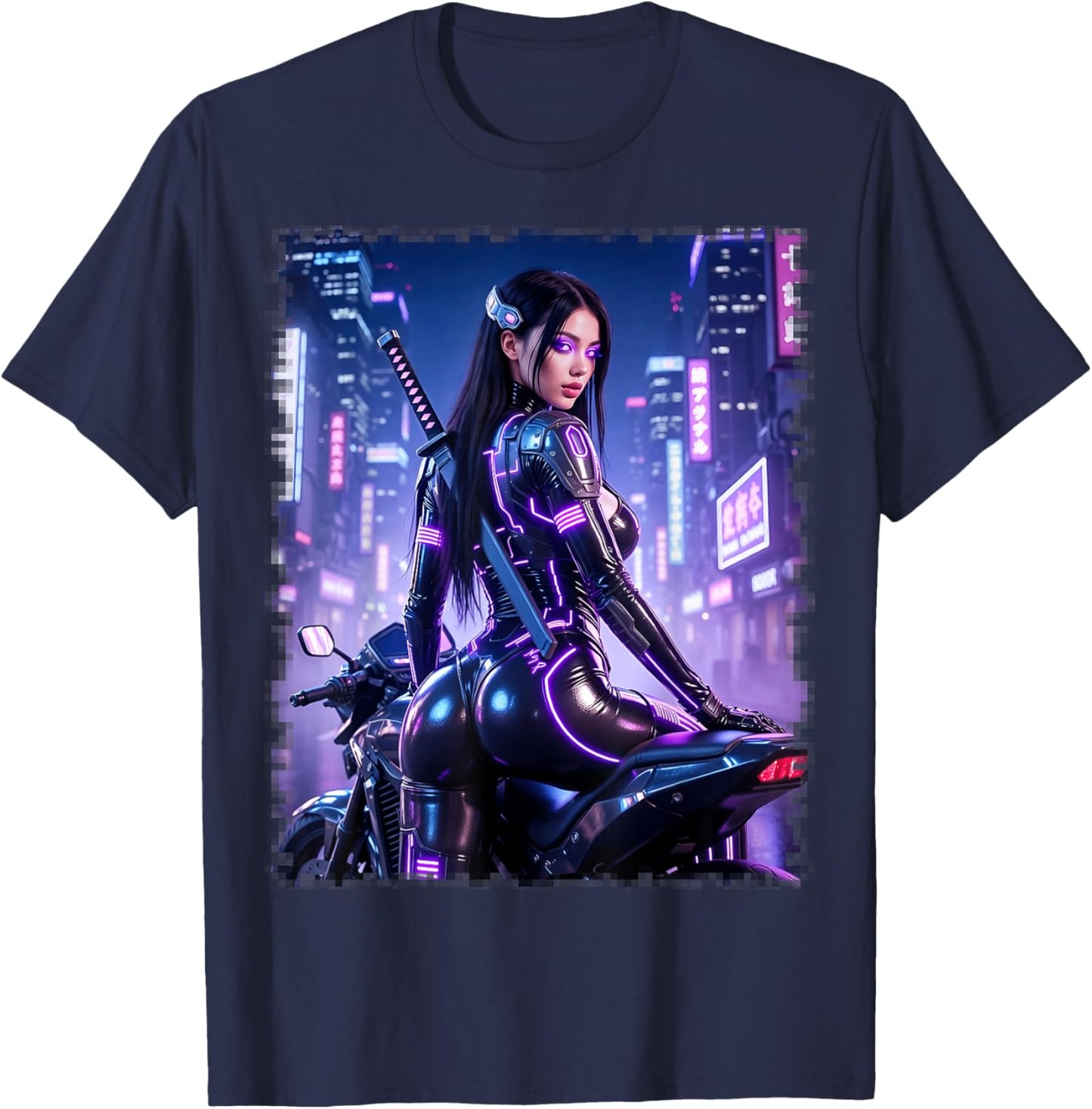 Sexy Girl - Sexy Cyberpunk Girl & Motorcycle V2 T-Shirt - T-Shirt | Navy