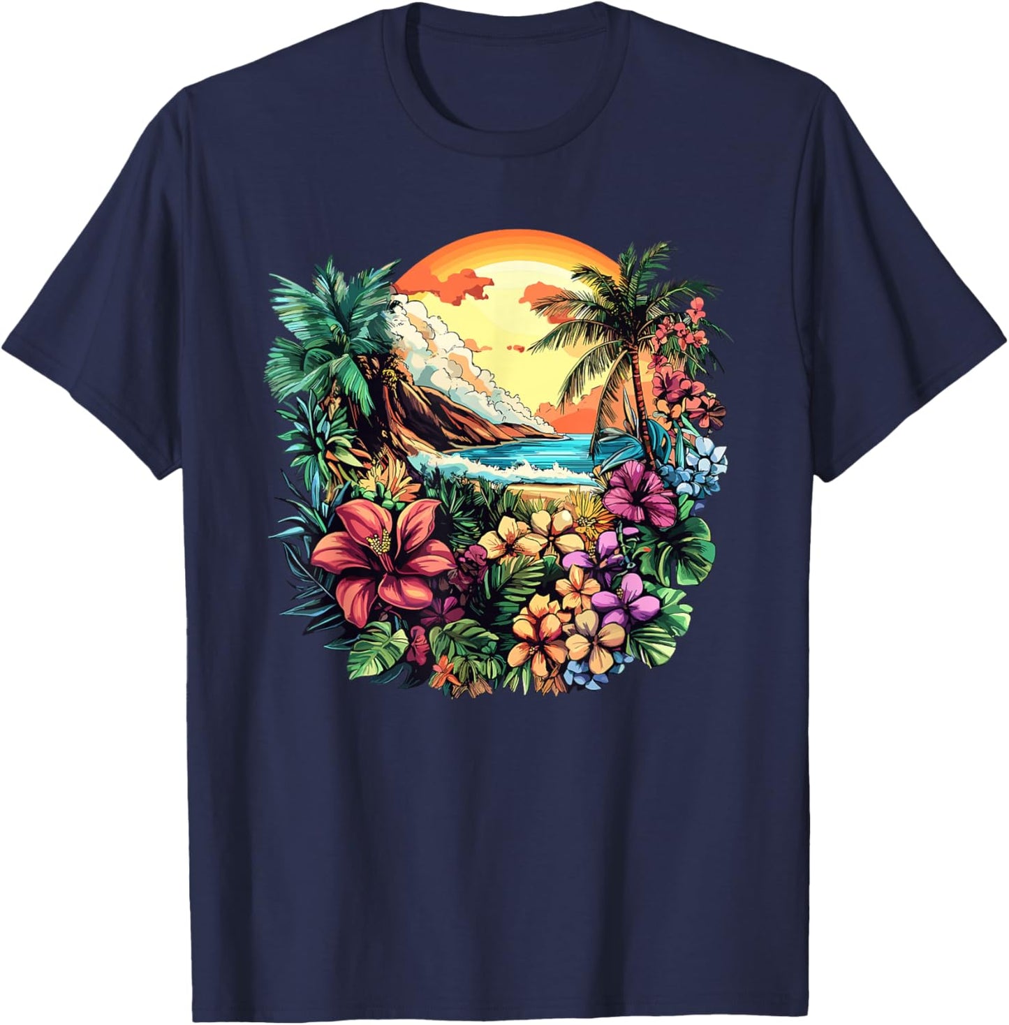 Hawaiian Tropical Flowers Palm Trees Sunset Coast T-Shirt - T-Shirt | Navy