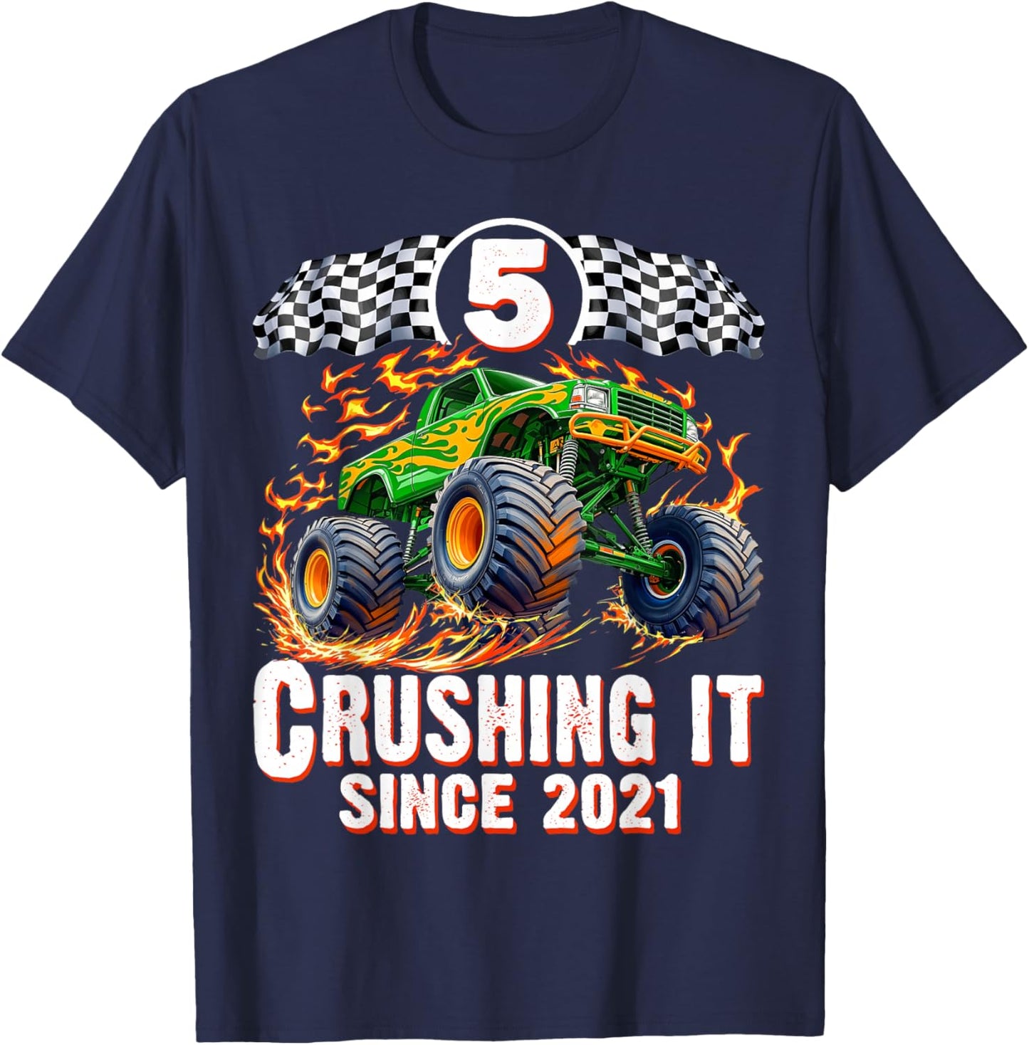 Birthday Monster Truck 5 Year Old Boys 5th Party Born 2021 T-Shirt - T-Shirt | Navy