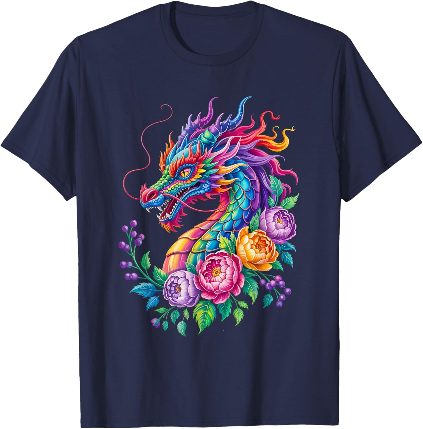 Watercolor Dragon Flowers Beautiful Art Colorful Graphic T-Shirt - T-Shirt | Navy