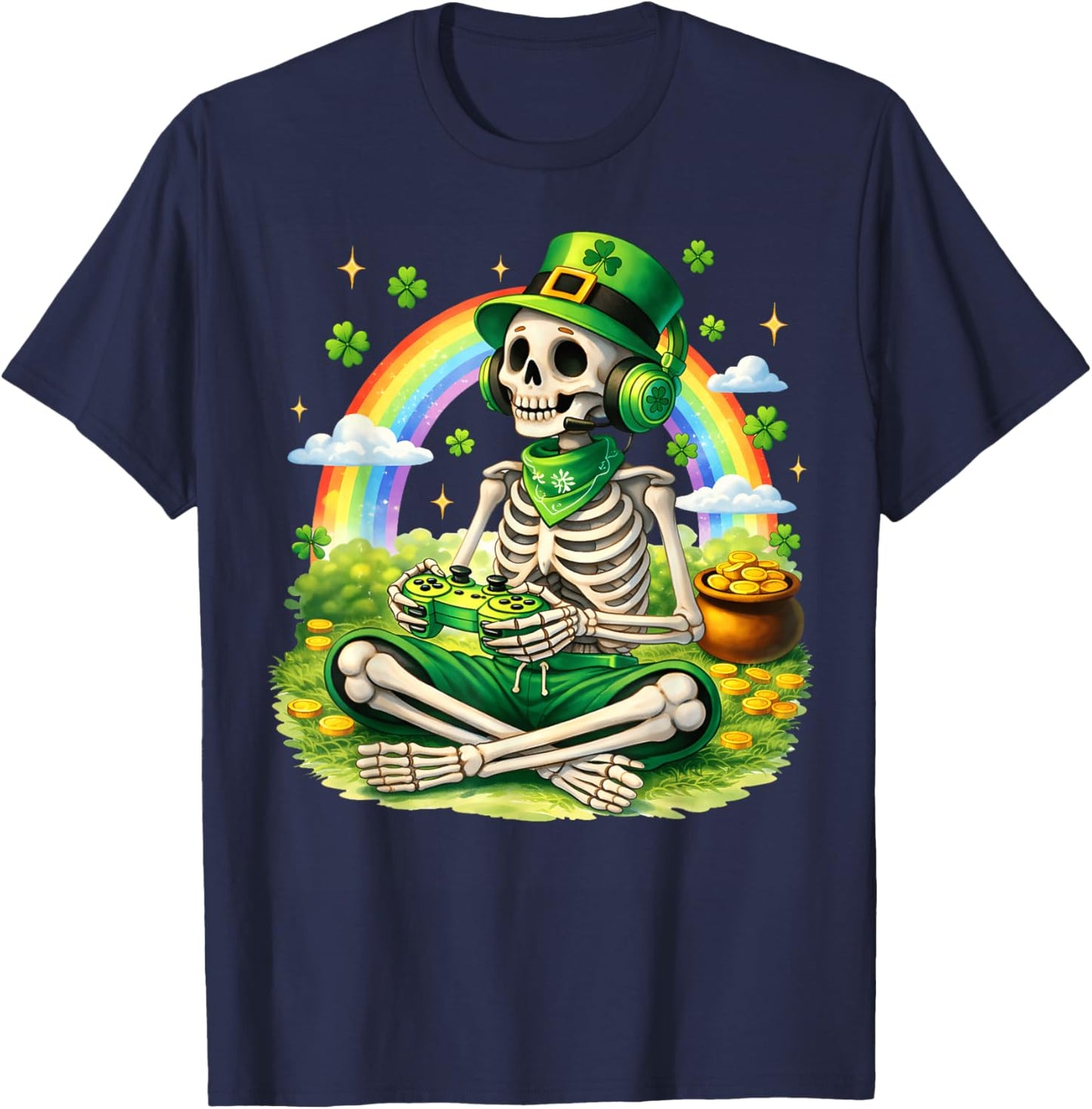 St Patricks Day Skeleton Leprechaun Gamer Irish Boys Men T-Shirt - T-Shirt | Navy