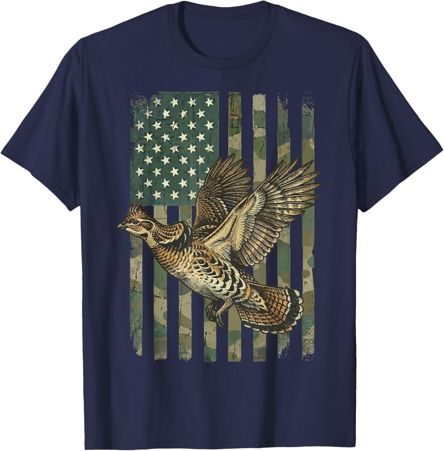 Ruffed Grouse USA Flag 4th of July Hunter T-Shirt - T-Shirt | Navy