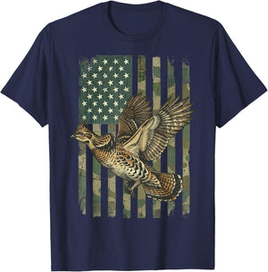 Ruffed Grouse USA Flag 4th of July Hunter T-Shirt - T-Shirt | Navy