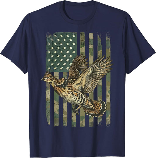 Ruffed Grouse USA Flag 4th of July Hunter T-Shirt - T-Shirt | Navy