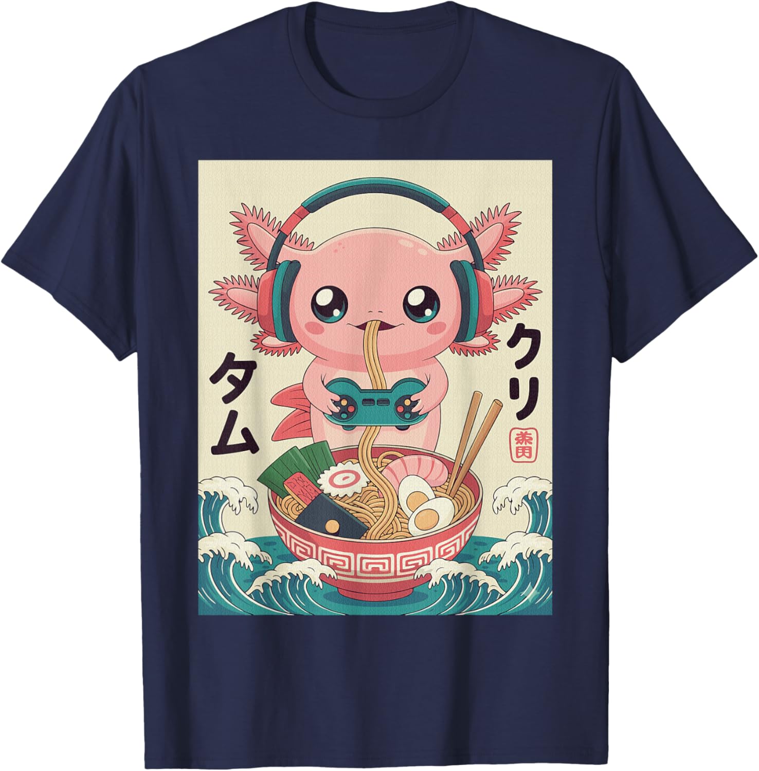 Axolotl Eating Ramen Noodles Gaming Kawaii Anime Gamer Kids T-Shirt - T-Shirt | Navy