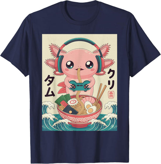 Axolotl Eating Ramen Noodles Gaming Kawaii Anime Gamer Kids T-Shirt - T-Shirt | Navy