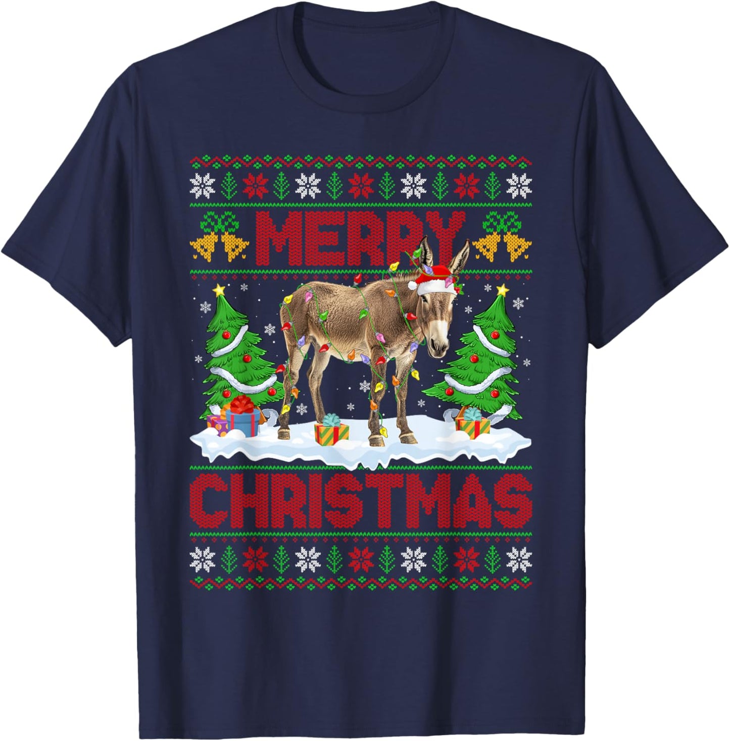 Donkey Mule Ugly Xmas Sweater Funny Animal Lights Christmas T-Shirt - T-Shirt | Navy