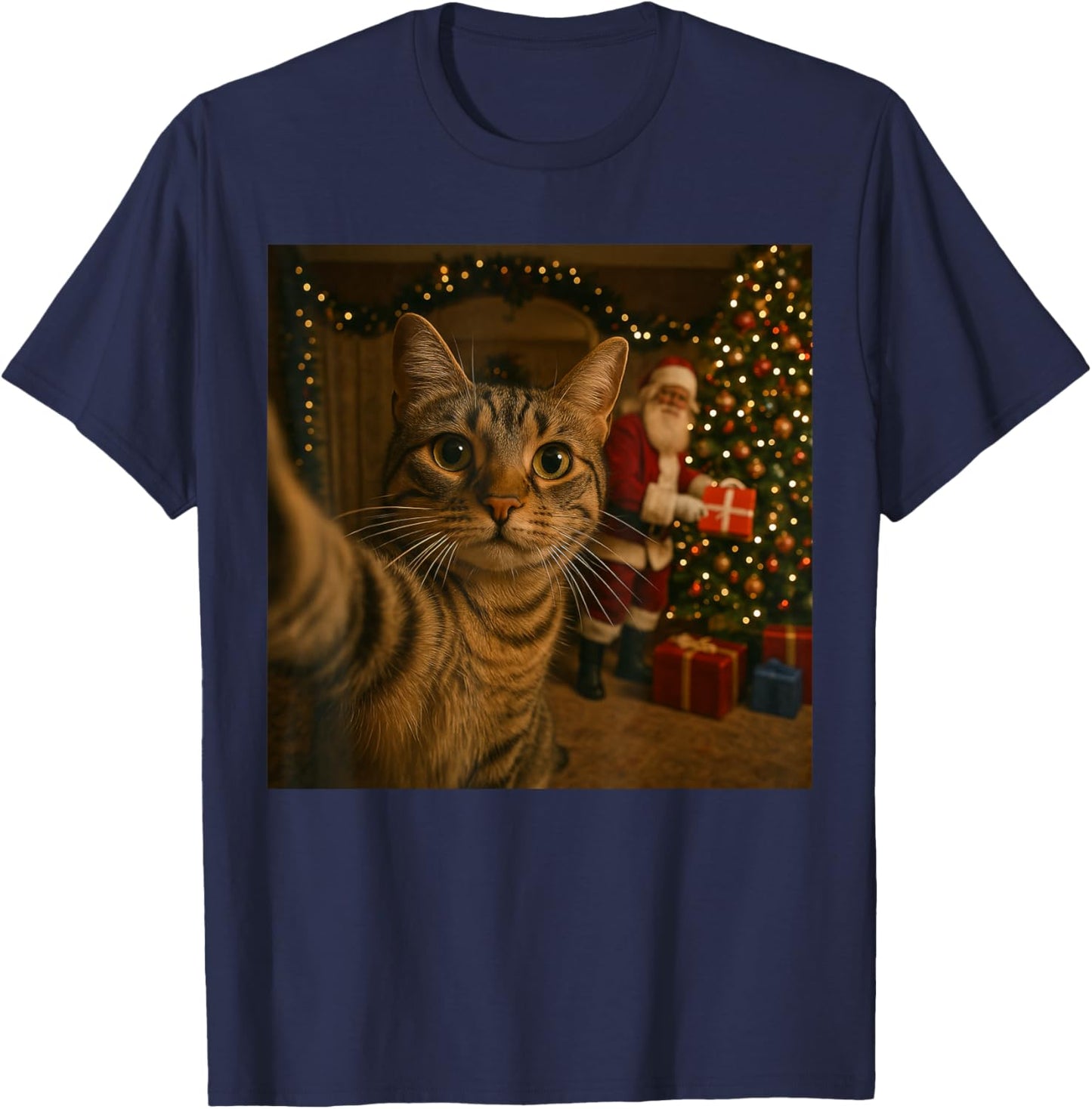 Santa Cat Christmas Tree Shirt, Funny Christmas Cat Selfie T-Shirt - T-Shirt | Navy