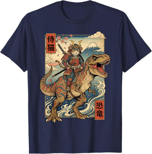 Samurai Cat Riding Dinosaur Japan T-Rex Katana Graphic T-Shirt - T-Shirt | Navy