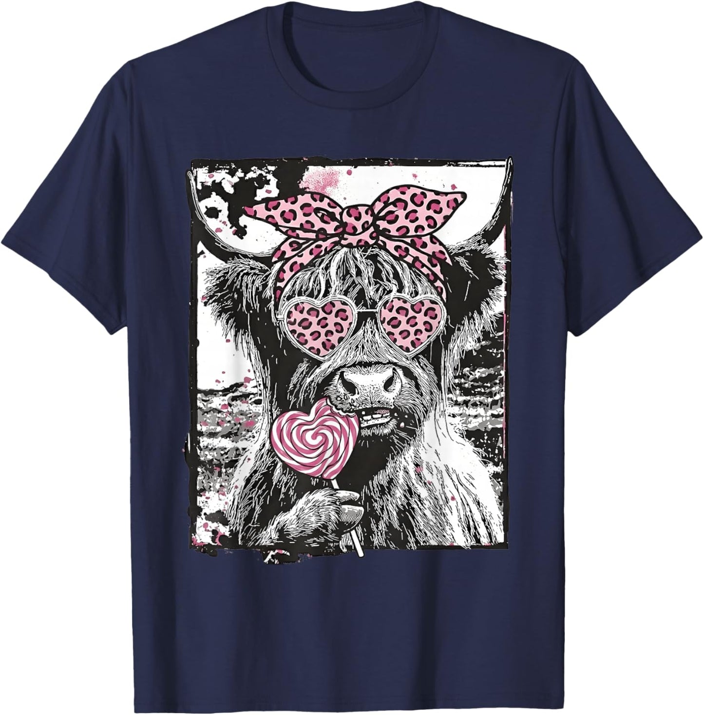 Highland Cow Valentine Coquette Pink Leopard Lollipop Heart T-Shirt - T-Shirt | Navy