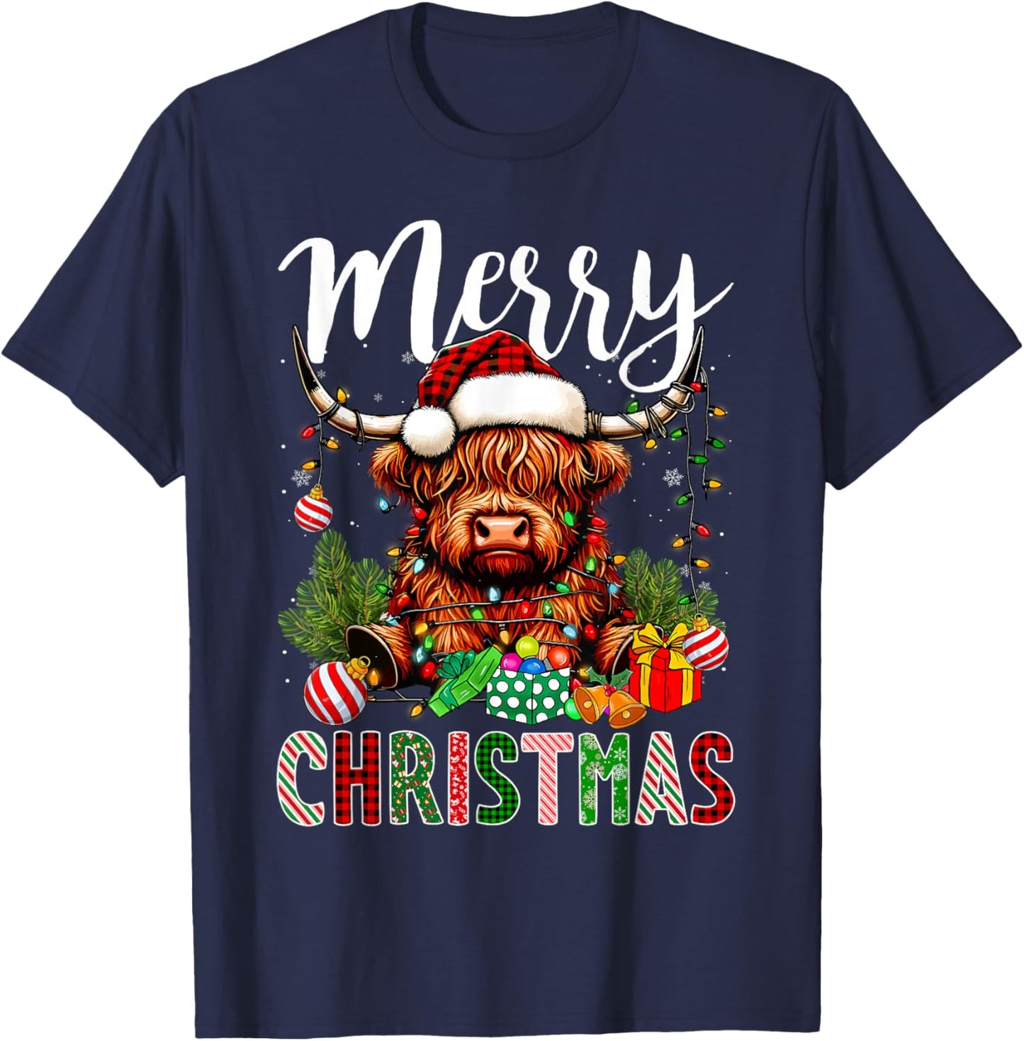 Merry Christmas Pajamas Highland Cow Christmas Tree Lights T-Shirt - T-Shirt | Navy