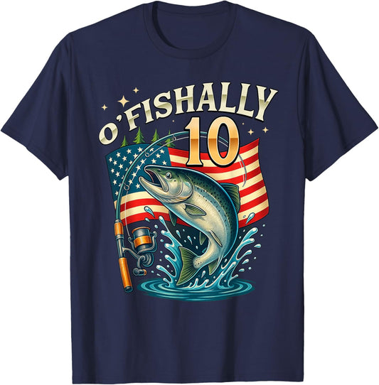 O'fishally 10 Years Old Fishing 10th Birthday Boys Kids T-Shirt - T-Shirt | Navy