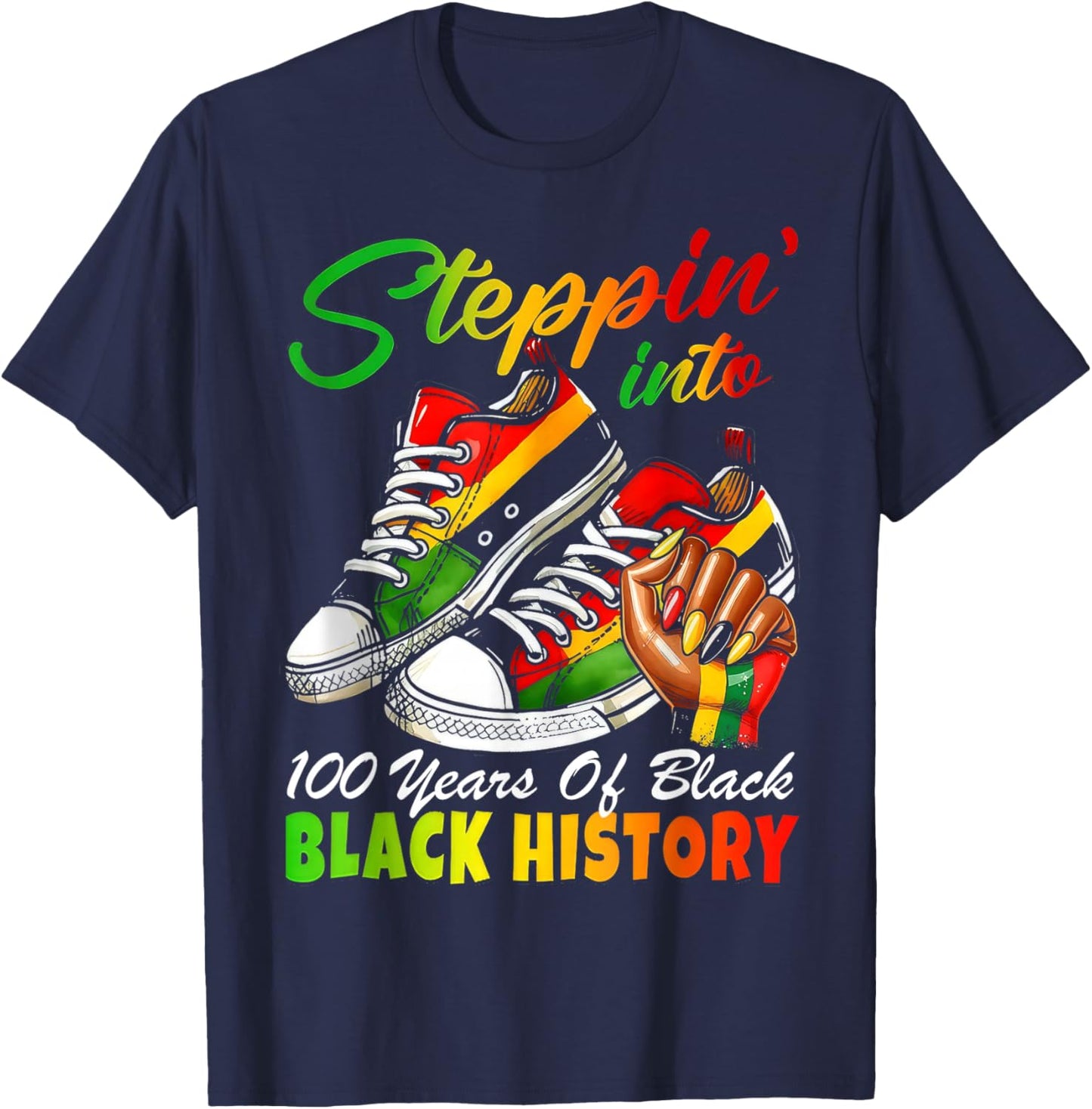 Stepping Into 100 Years of Black History Sneakers Black T-Shirt - T-Shirt | Navy