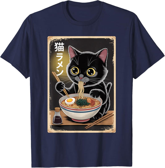 Kawaii Cat Eating Ramen Noodles Funny Anime Gifts Girls T-Shirt - T-Shirt | Navy