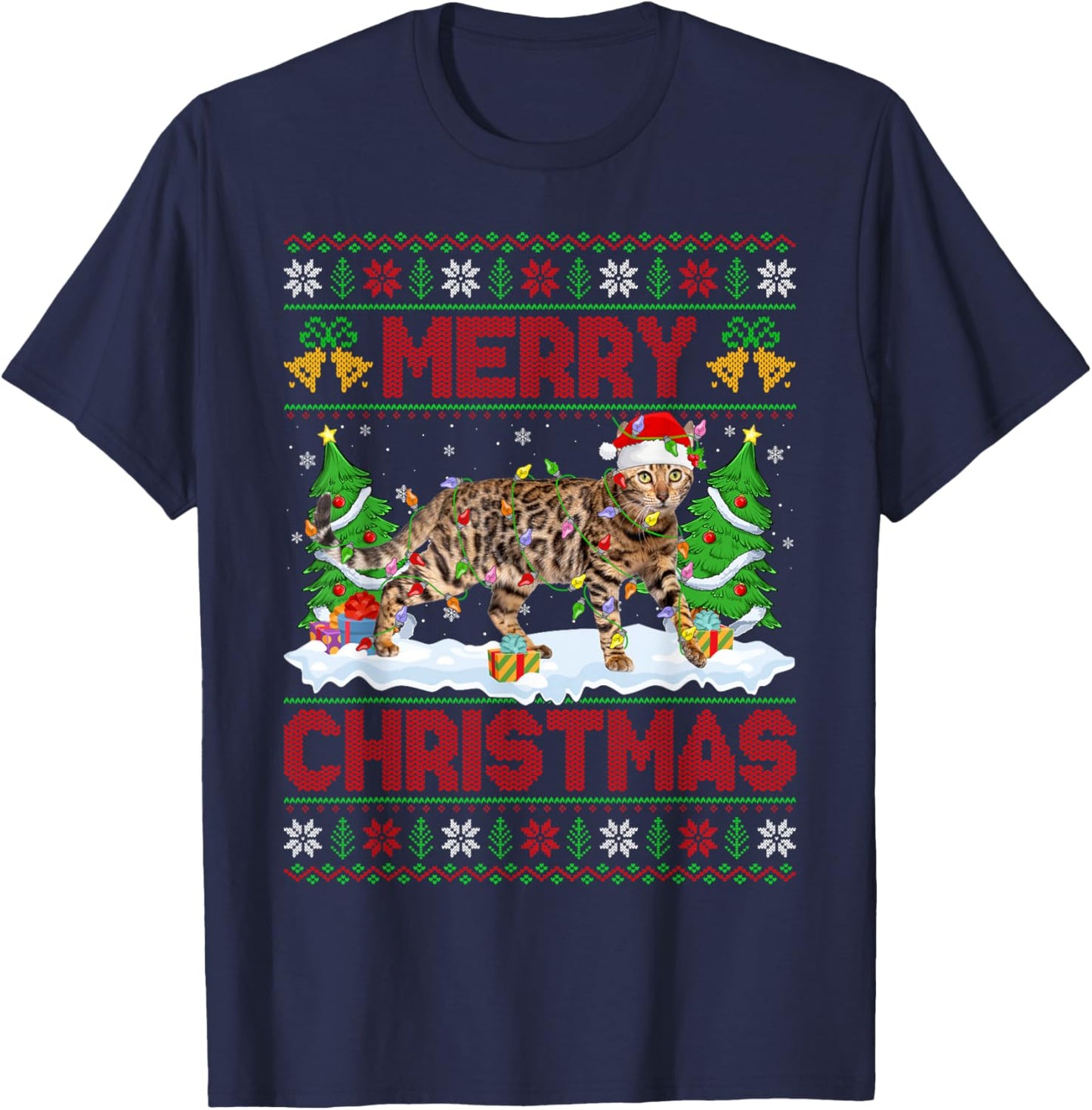 Bengal Cat Ugly Xmas Sweater Funny Pet Animal Cat Christmas T-Shirt - T-Shirt | Navy