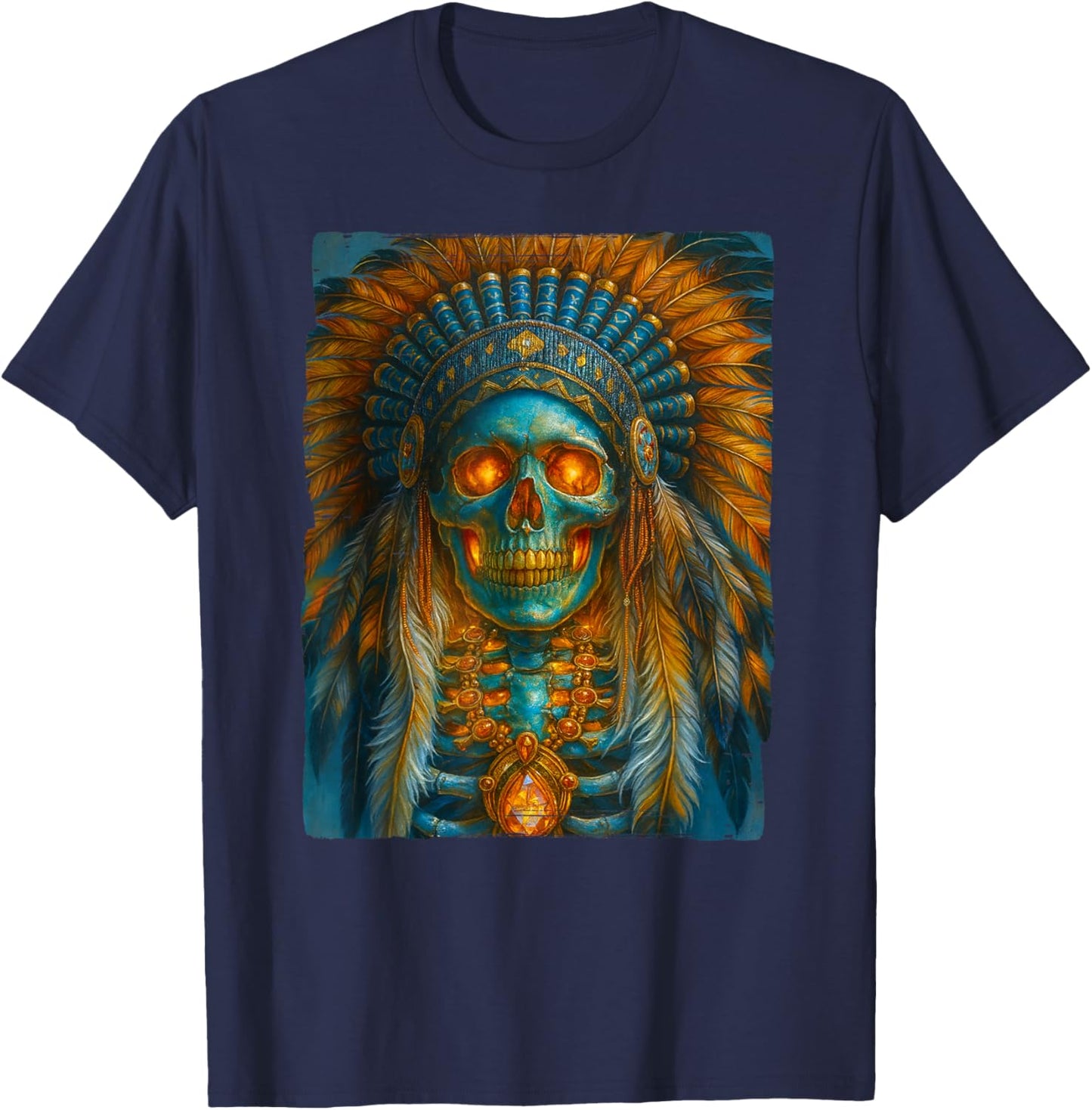 Native American - Lakota Warrior Chief - Indian Headdress T-Shirt - T-Shirt | Navy