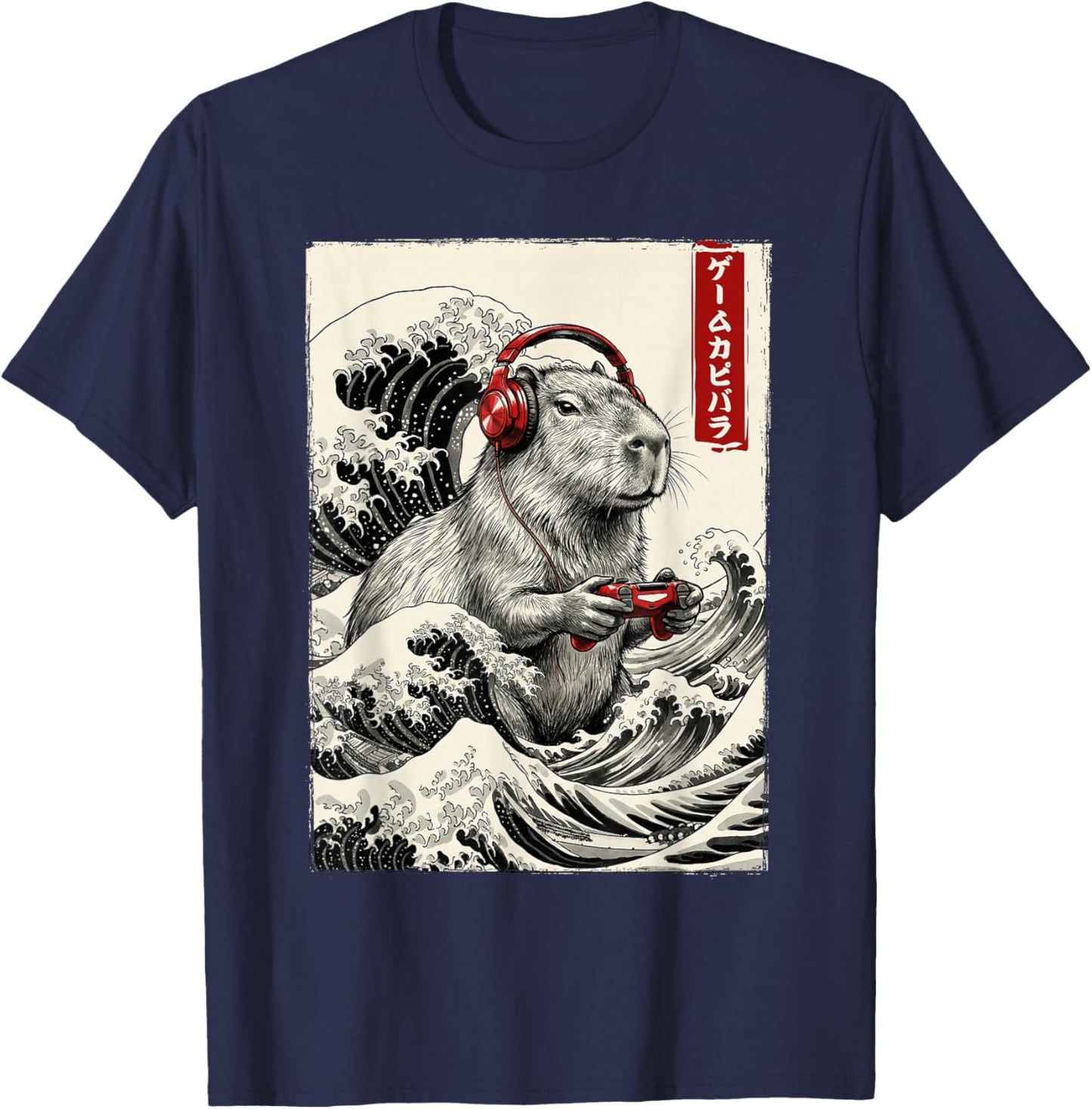 Japanese Capybara Gamer Playing Video Games Kids Boys Girls T-Shirt - T-Shirt | Navy