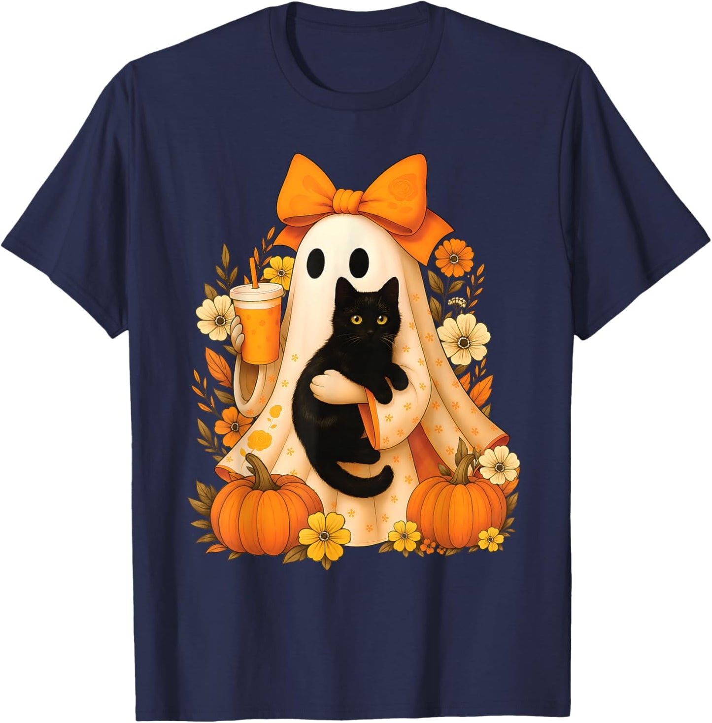 Retro Ghost Holding Cat Groovy Floral Vintage Halloween T-Shirt - T-Shirt | Navy